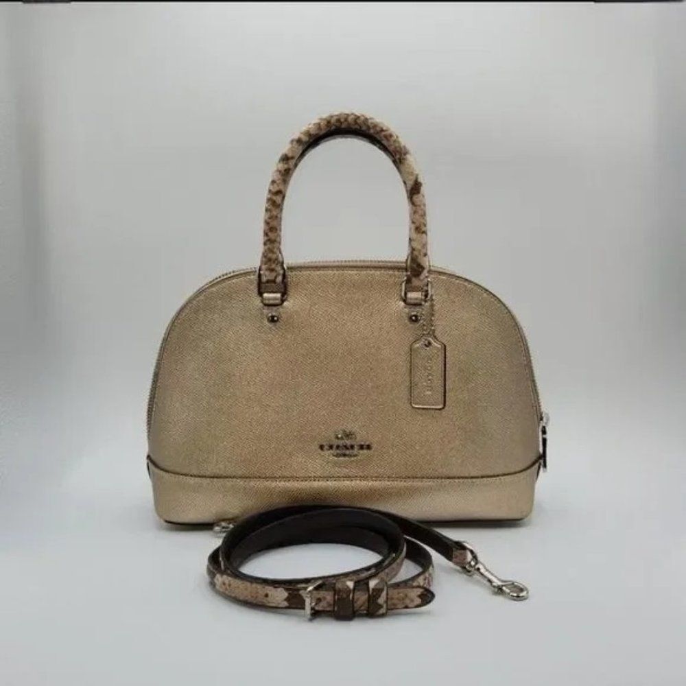 Coach Metallic Gold Dome Satchel with Snake-Print Strap - Picture 2 of 10